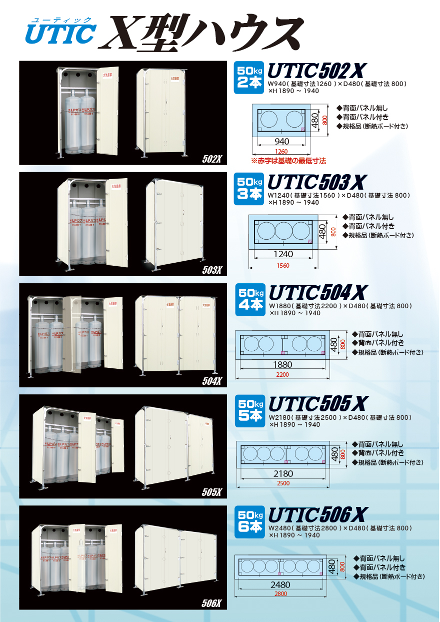 高橋産業株式会社UTIC　UTICハウス　ユニットシステム　X型ハウス　UTIC-502X UTIC-503X UTIC-504X UTIC-505X UTIC-506X LPガス専用　容器カバー　